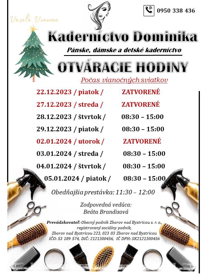 kaderníctvo otváracie hodiny počas vianoc